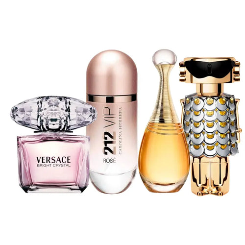 Kit 4 Perfumes Jadore, 212 Vip Rose, Fame, Bright Crystal